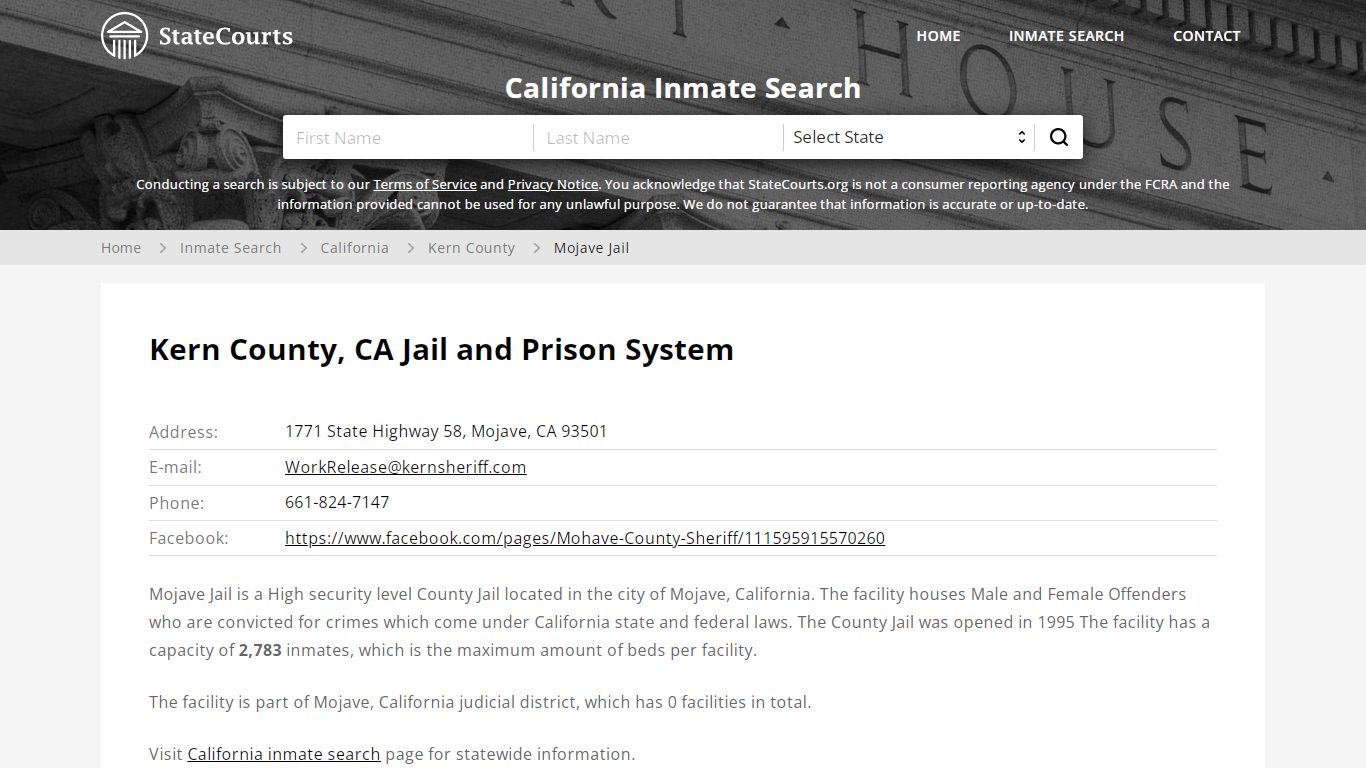Mojave Jail Inmate Records Search, California - StateCourts